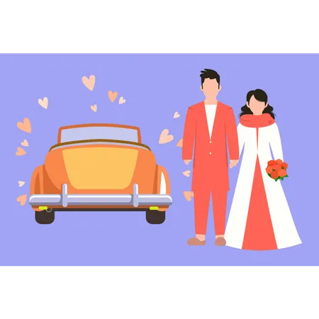Casal de noivos ao lado do carro do casamento  Ilustração