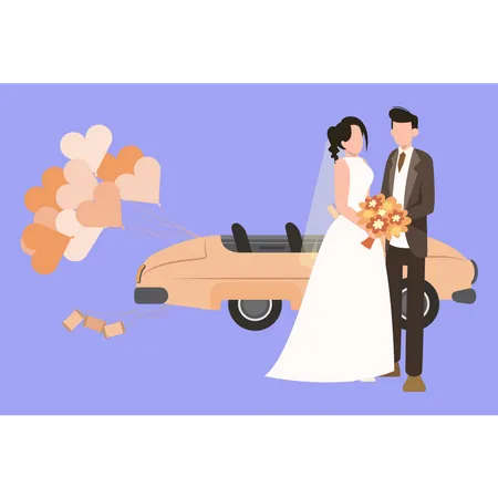 Casal de noivos ao lado do carro do casamento  Ilustração