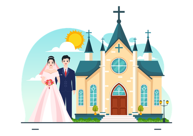 Casal de noivos em pé perto da igreja  Ilustração