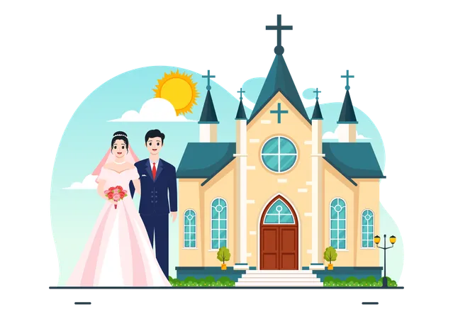 Casal de noivos em pé perto da igreja  Ilustração