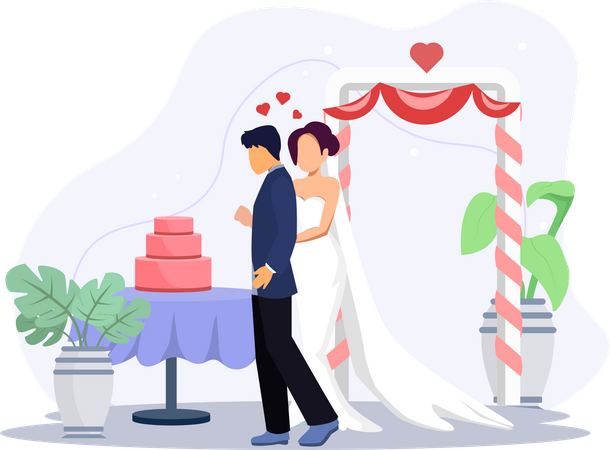 Casal de noivos em pé perto do bolo  Ilustração