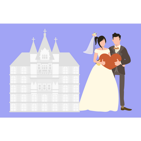 Casal de noivos fica do lado de fora da igreja  Ilustração