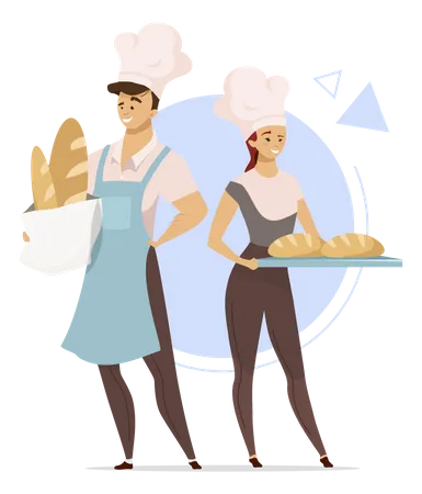 Casal de padeiros preparando pão  Ilustração
