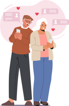 Casal de idosos conversando pela Internet usando telefones  Ilustração