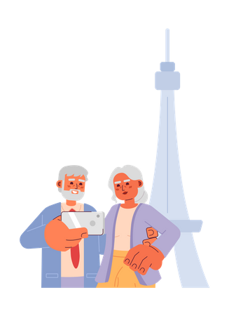 Casal de idosos tirando selfie de férias  Ilustração