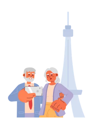 Casal de idosos tirando selfie de férias  Ilustração