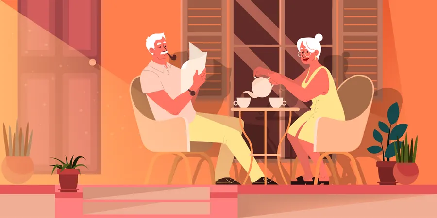 Casal de idosos tomando chá juntos  Ilustração