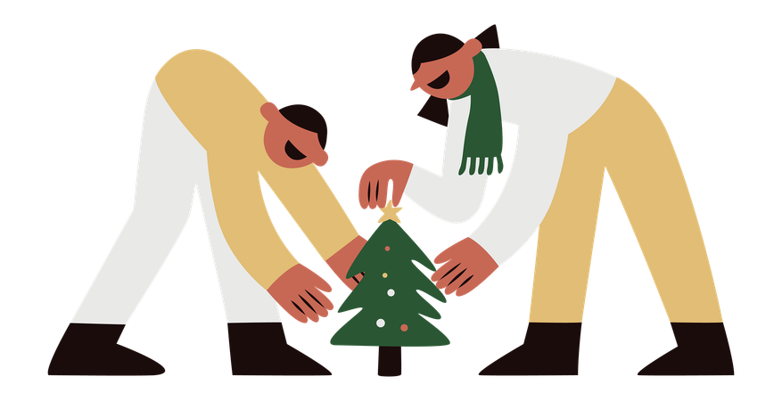 Casal decorando árvore de natal  Ilustração