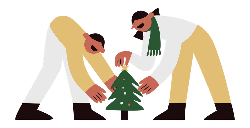 Casal decorando árvore de natal  Ilustração