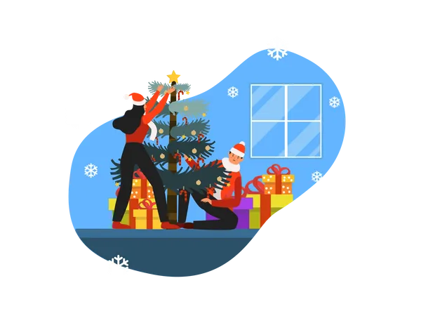 Casal decorando árvore de natal  Ilustração