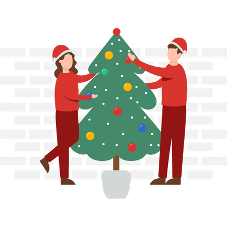 Casal decorando árvore de natal  Ilustração