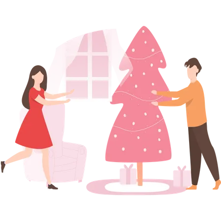Casal decorando árvore de natal  Ilustração