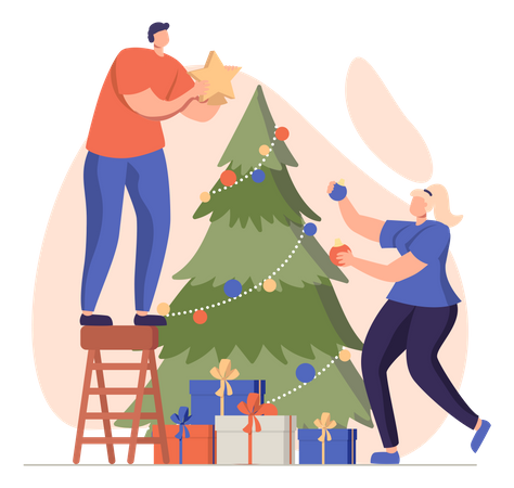 Casal decorando árvore de natal  Ilustração