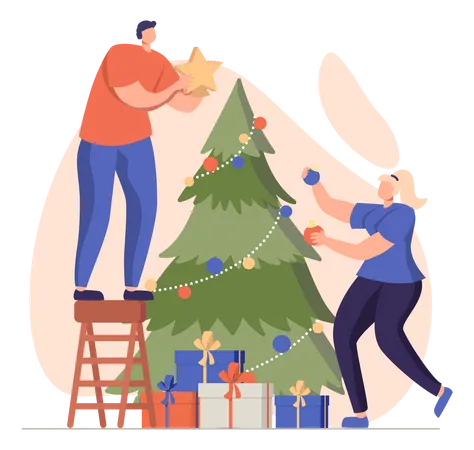 Casal decorando árvore de natal  Ilustração