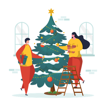 Casal decorando árvore de natal  Ilustração