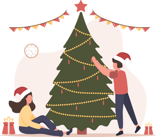 Casal decorando árvore de natal  Ilustração