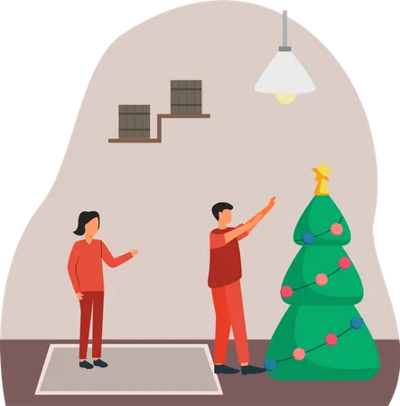 Casal decorando árvore de natal  Ilustração