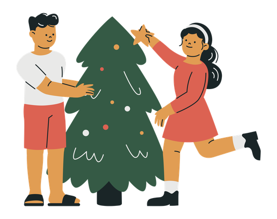 Casal decorando árvore de natal  Ilustração