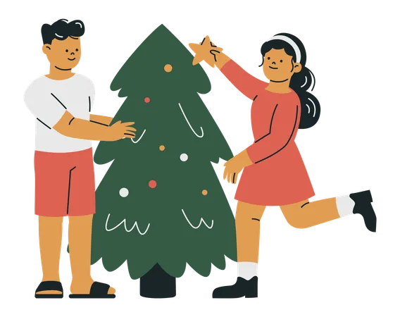 Casal decorando árvore de natal  Ilustração