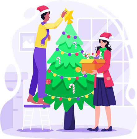 Casal decorando a árvore de Natal juntos em casa  Ilustração