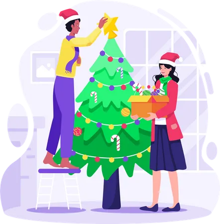 Casal decorando a árvore de Natal juntos em casa  Ilustração