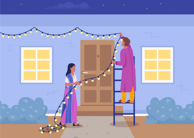 Casal decorando casa para Diwali  Ilustração