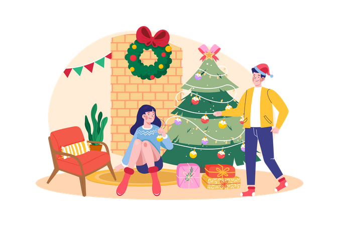 Casal decora árvore de Natal juntos  Ilustração