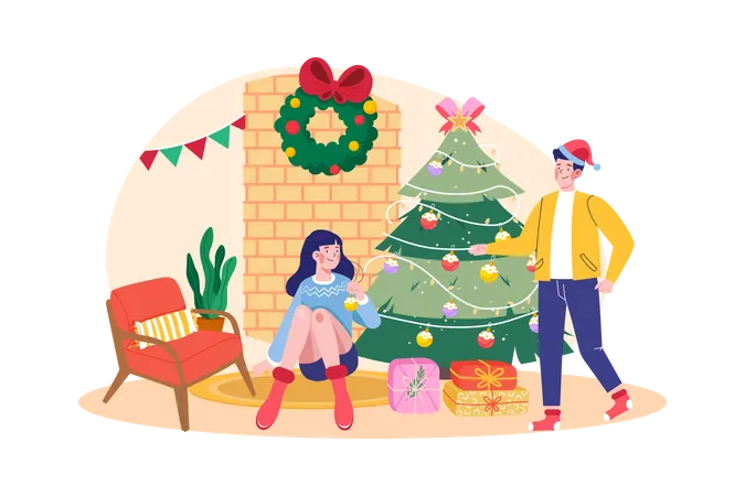 Casal decora árvore de Natal juntos  Ilustração