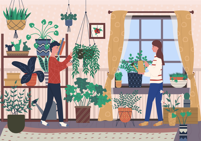 Casal decora jardim de casa  Ilustração