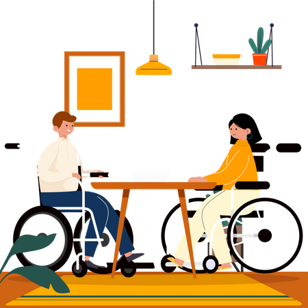 Casal com deficiência sentado em cadeira de rodas jantando  Ilustração