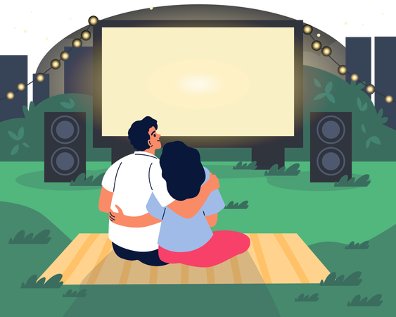 Casal descansando no gramado e assistindo filme na tela grande  Ilustração