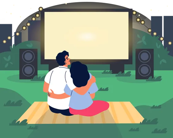 Casal descansando no gramado e assistindo filme na tela grande  Ilustração