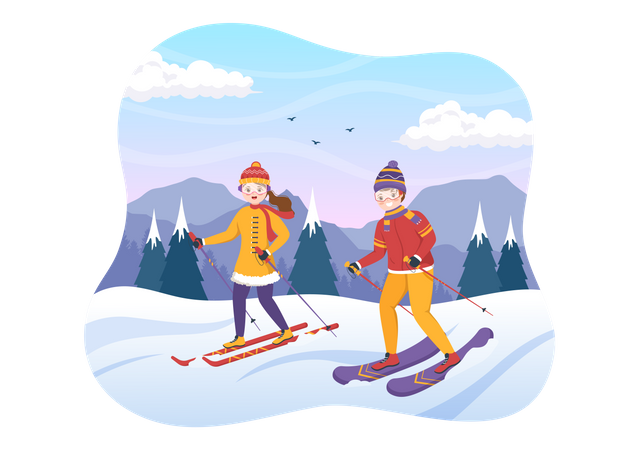 Casal gosta de esquiar  Ilustração