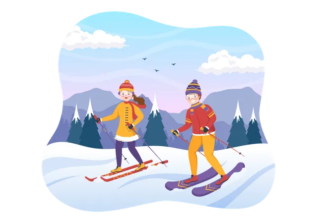 Casal gosta de esquiar  Ilustração