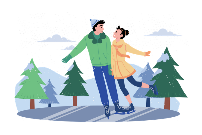 Casal curtindo dança durante patinação no gelo  Ilustração