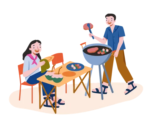 Casal desfrutando de comida de churrasco  Ilustração