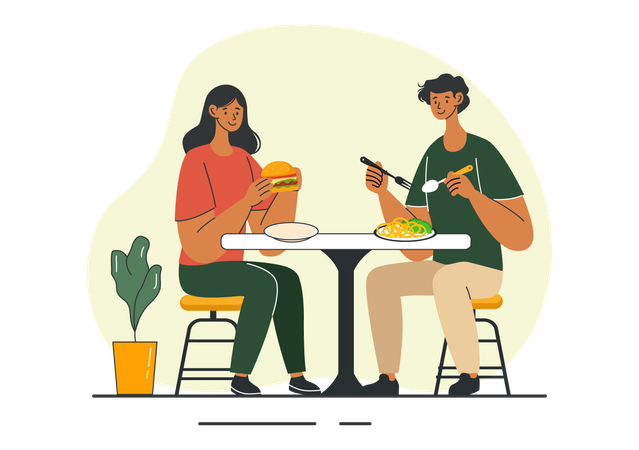 Casal desfrutando de comida em casa  Ilustração