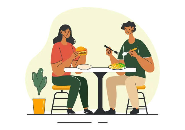 Casal desfrutando de comida em casa  Ilustração