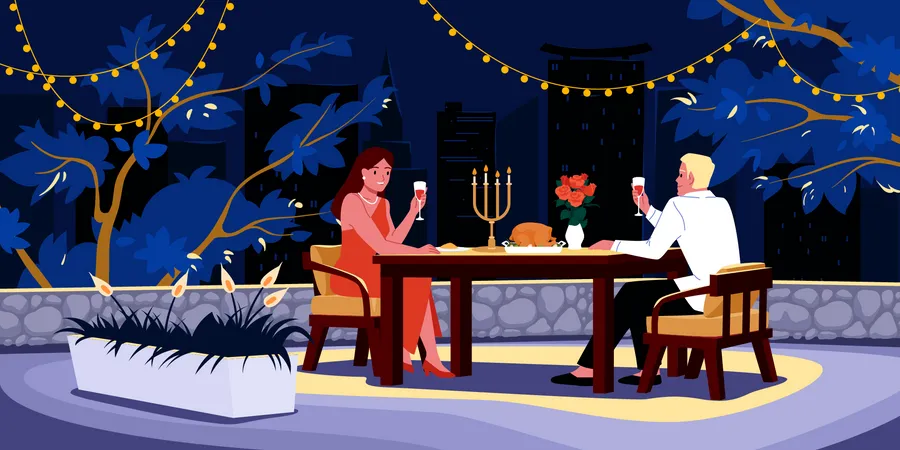 Casal desfrutando de um jantar romântico  Ilustração