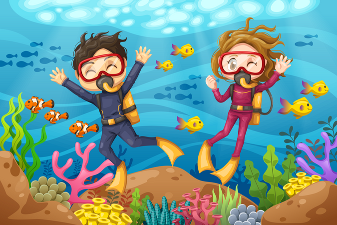 Casal desfrutando de mergulho debaixo d'água  Ilustração