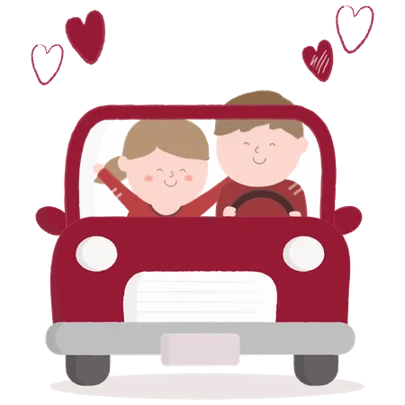 Casal dirigindo carro com coração  Ilustração