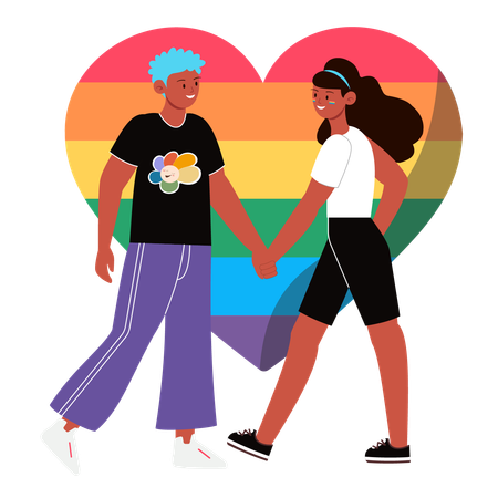 Casal diversificado de mãos dadas em frente ao orgulho LGBT do coração do arco-íris  Ilustração
