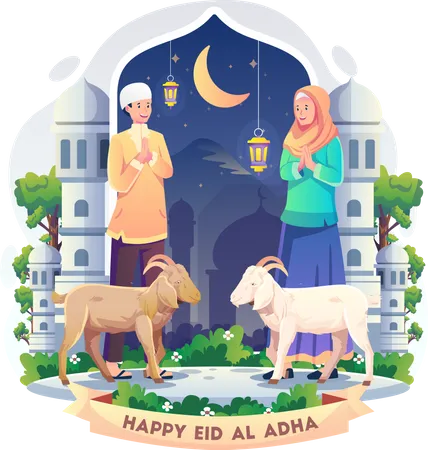 Casal Muculmano Dizendo Feliz Eid Al Adha As Pessoas Celebram O Festival Do Sacrificio Qurban Com Cabras Ilustracao Vetorial Em Estilo Simples Ilustração