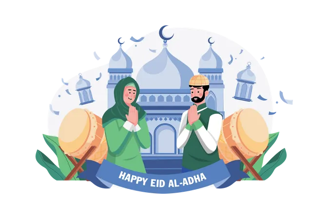 Casal dizendo feliz eid  Ilustração