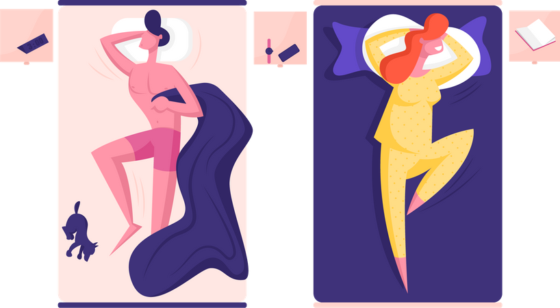 Casal dormindo em camas separadas  Ilustração