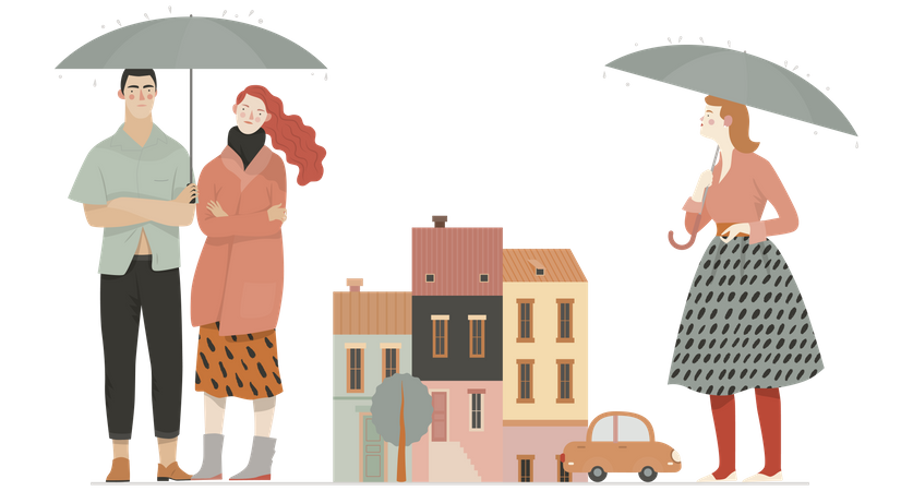Casal e solteira em pé na chuva  Ilustração
