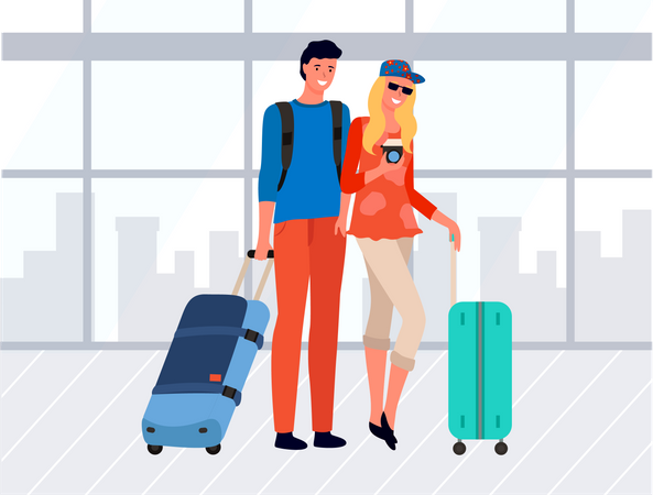 Casal em pé no aeroporto  Ilustração