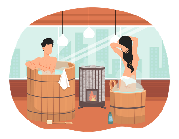Casal em pé em fontes. Pessoas em vapor quente estão tomando banho e passando momentos românticos juntas  Ilustração