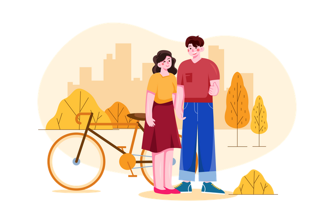 Casal em pé no parque perto de bicicleta  Ilustração