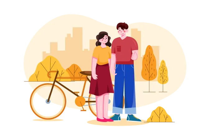 Casal em pé no parque perto de bicicleta  Ilustração